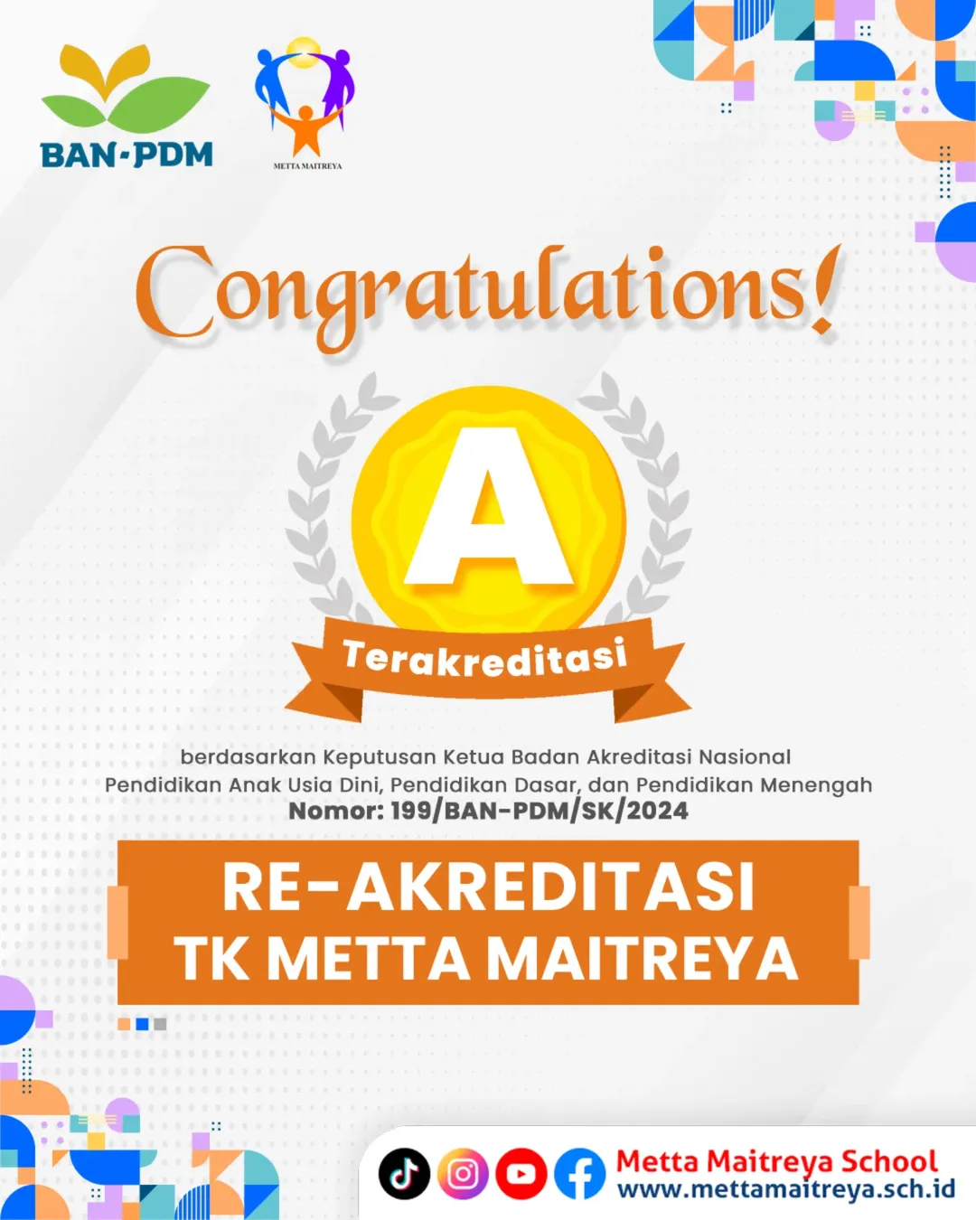 Selamat kepada TK Metta Maitreya yang telah Mendapatkan Akreditasi A