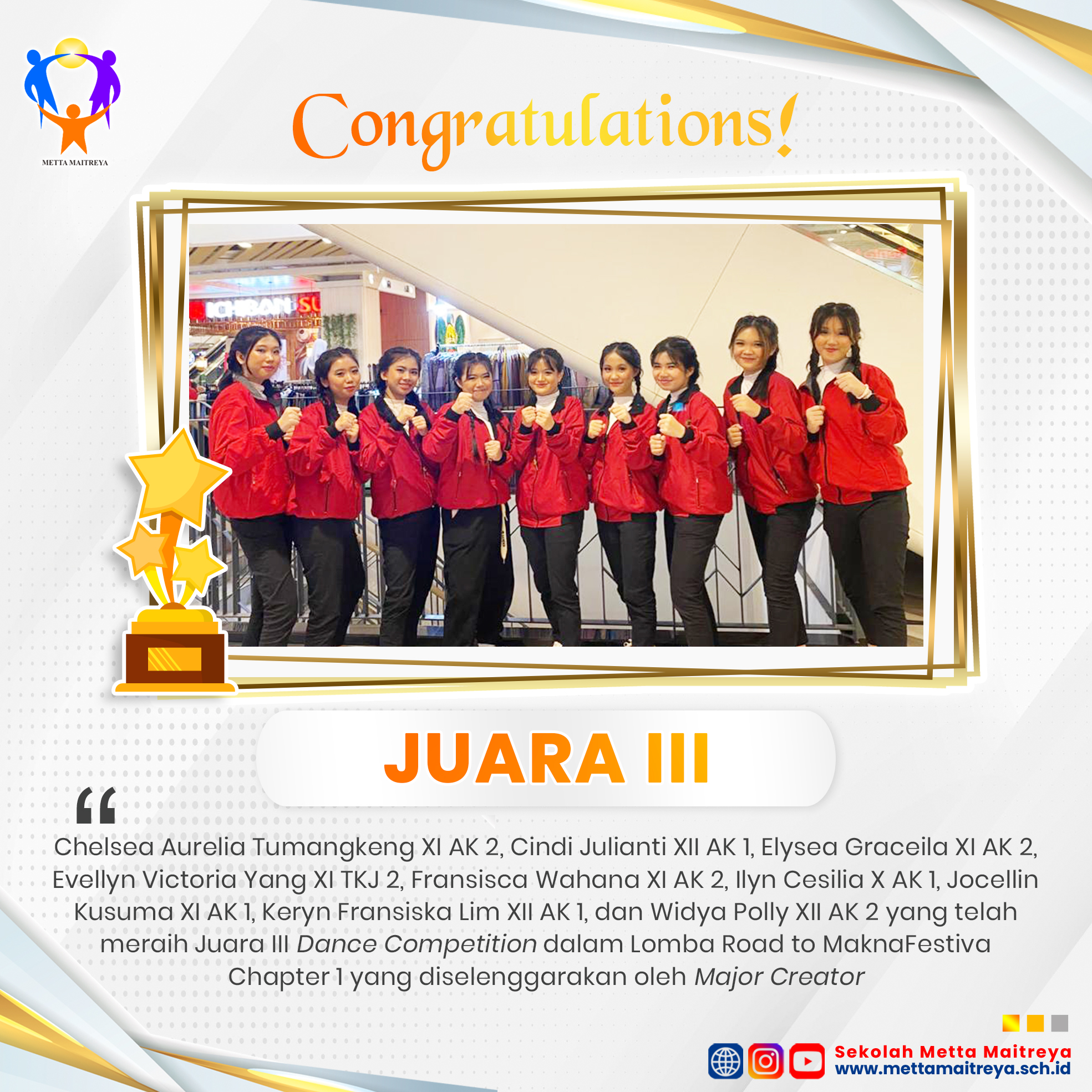 Prestasi Peserta Didik dalam Lomba Dance Competition pada Event Road to MaknaFestiva Chapter 1 | SMK METTA MAITREYA